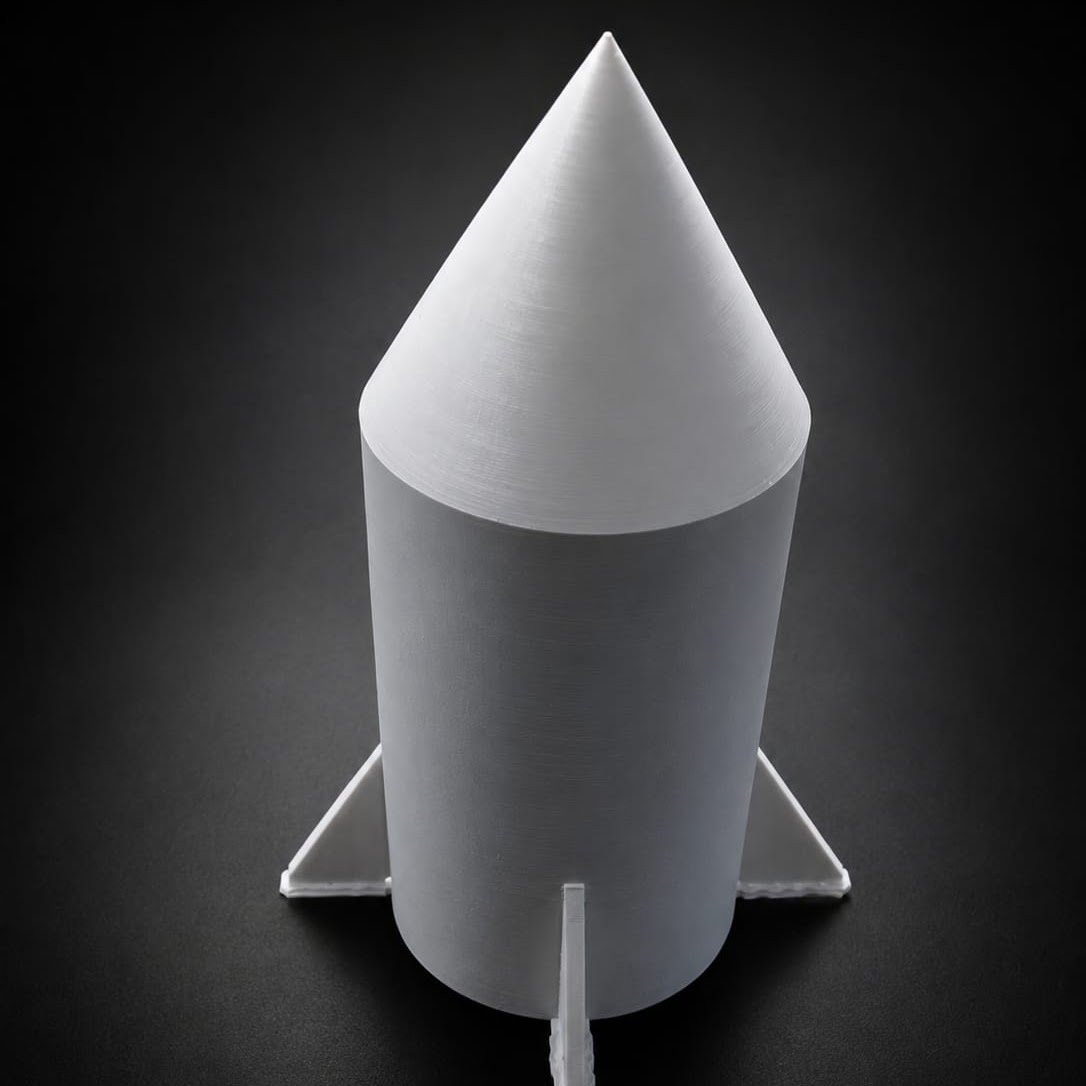 White 3D-printed rocket prototype with fins